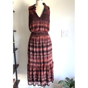 Evereve‎ Greta Smocked High Neck Ikat Mesh Printed Sleeveless Midi Dress-Size M